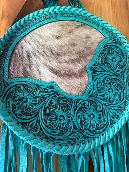 Turquoise Tooled Leather and Cowhide Canteen Crossbody Purse