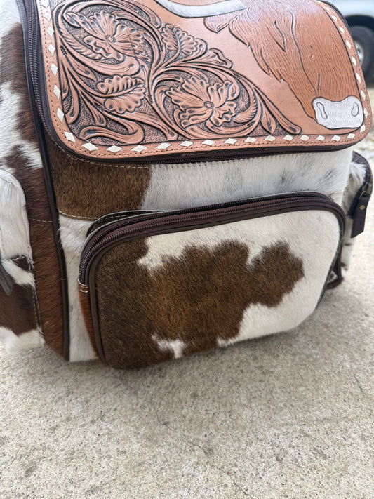 Tooled Leather Highland Cow Brown Cowhide Backpack / Diaper Bag