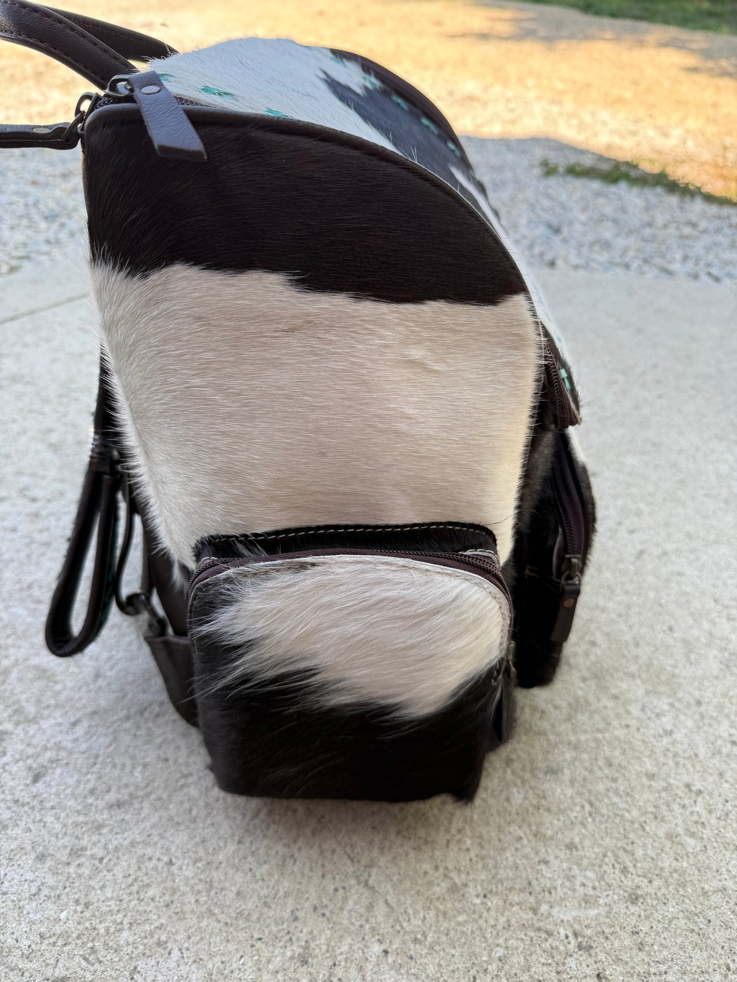 Black & White Cowhide Turquoise Stitching Backpack / Diaper Bag