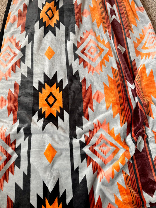 Gray Orange Aztec King Size Super Plush Blanket
