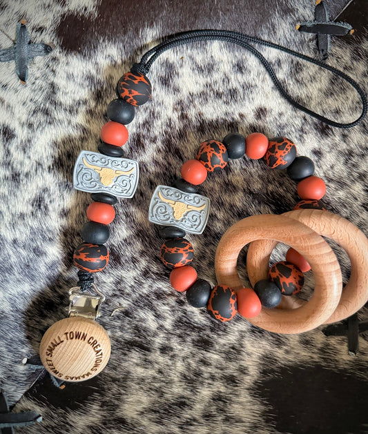 Rust Cowhide Belt Buckle Teether Set