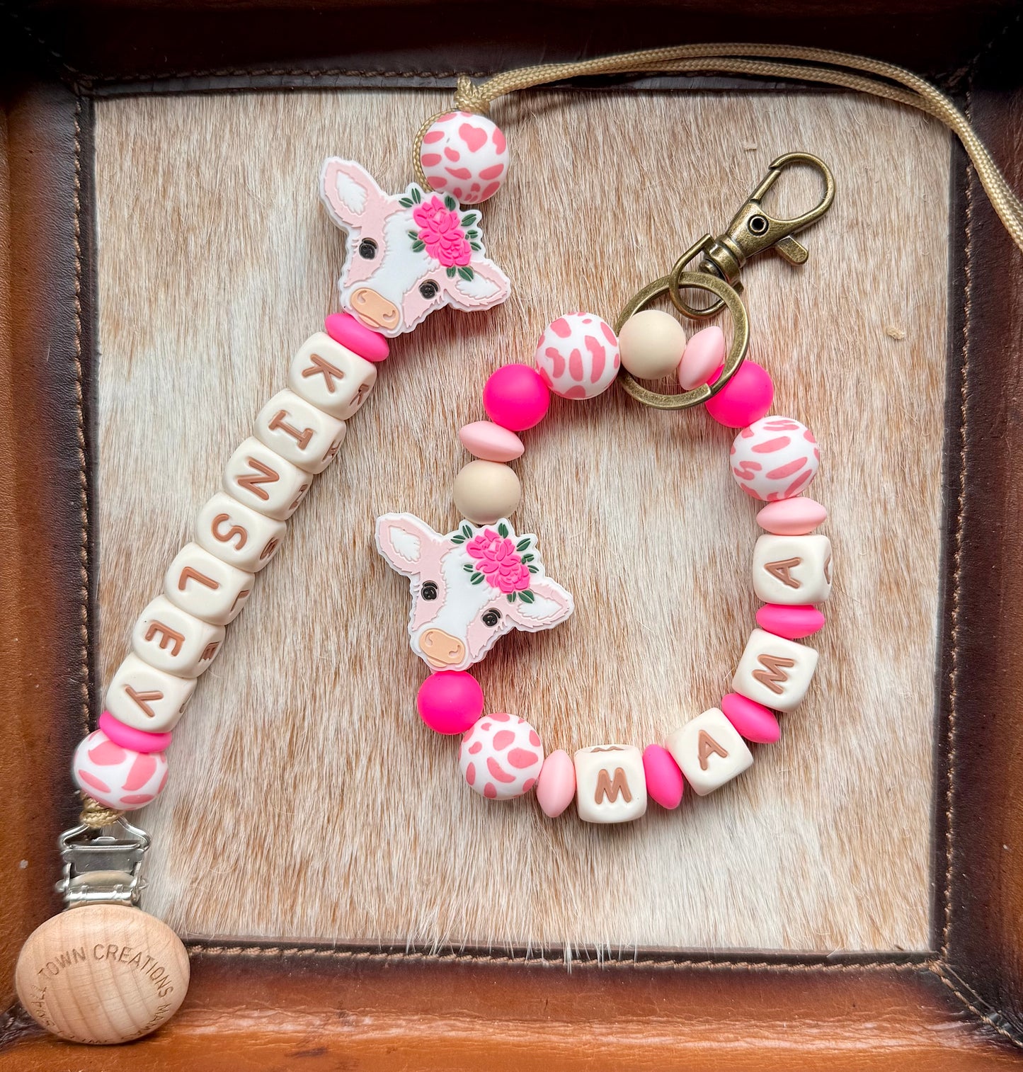 Mama & Me Custom Name Pink Cow Teether Set