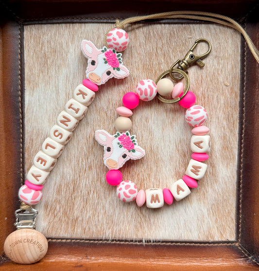 Mama & Me Custom Name Pink Cow Teether Set