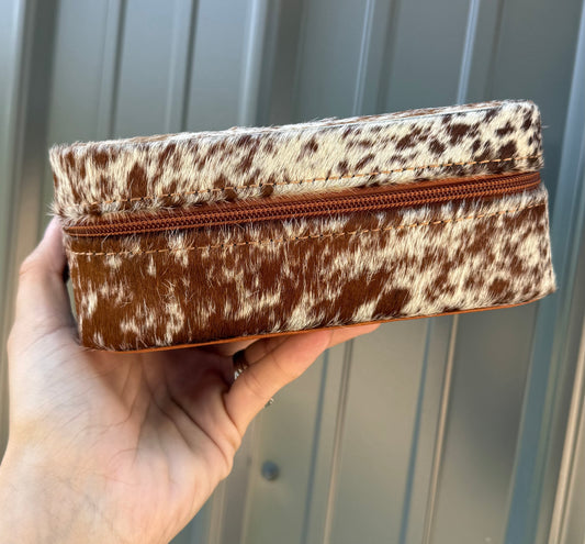 Brown Speckled Cowhide Rectangle Jewelry Zipper Box