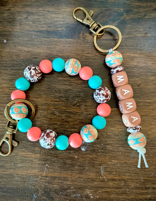 Coral/ Beige Aztec Turquoise Cowhide Mama Keychain Set