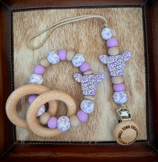 Purple Floral Cow Teether Set