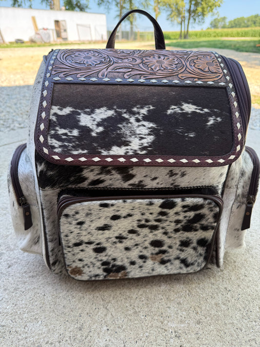 Tooled Leather Dark Brown Speckled Cowhide Backpack / Diaper Bag
