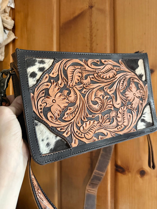 Genuine Cowhide Crossbody / Wristlet Tooled Leather Bag