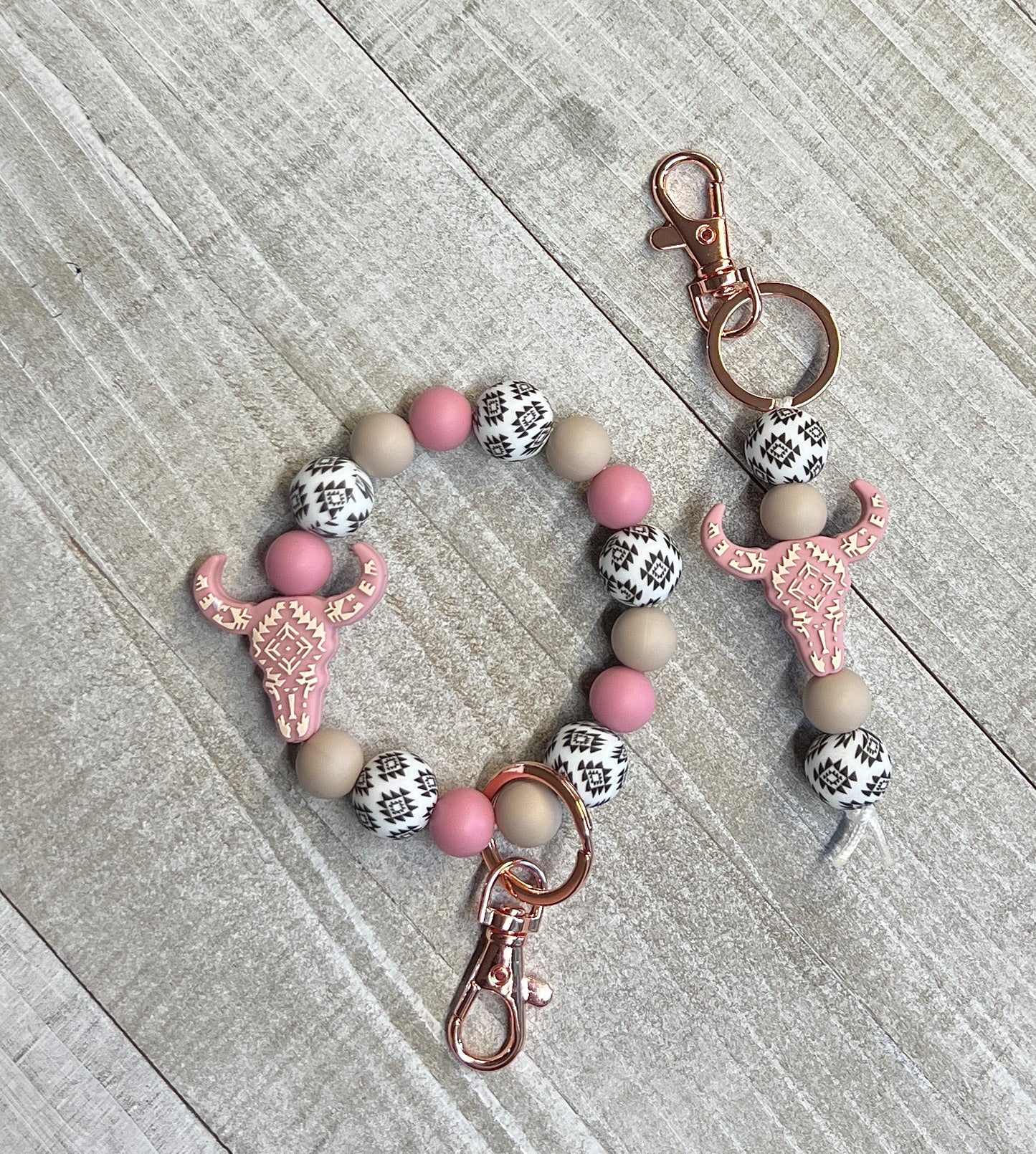 Blush Pink Aztec Cow Skull Keychain Set