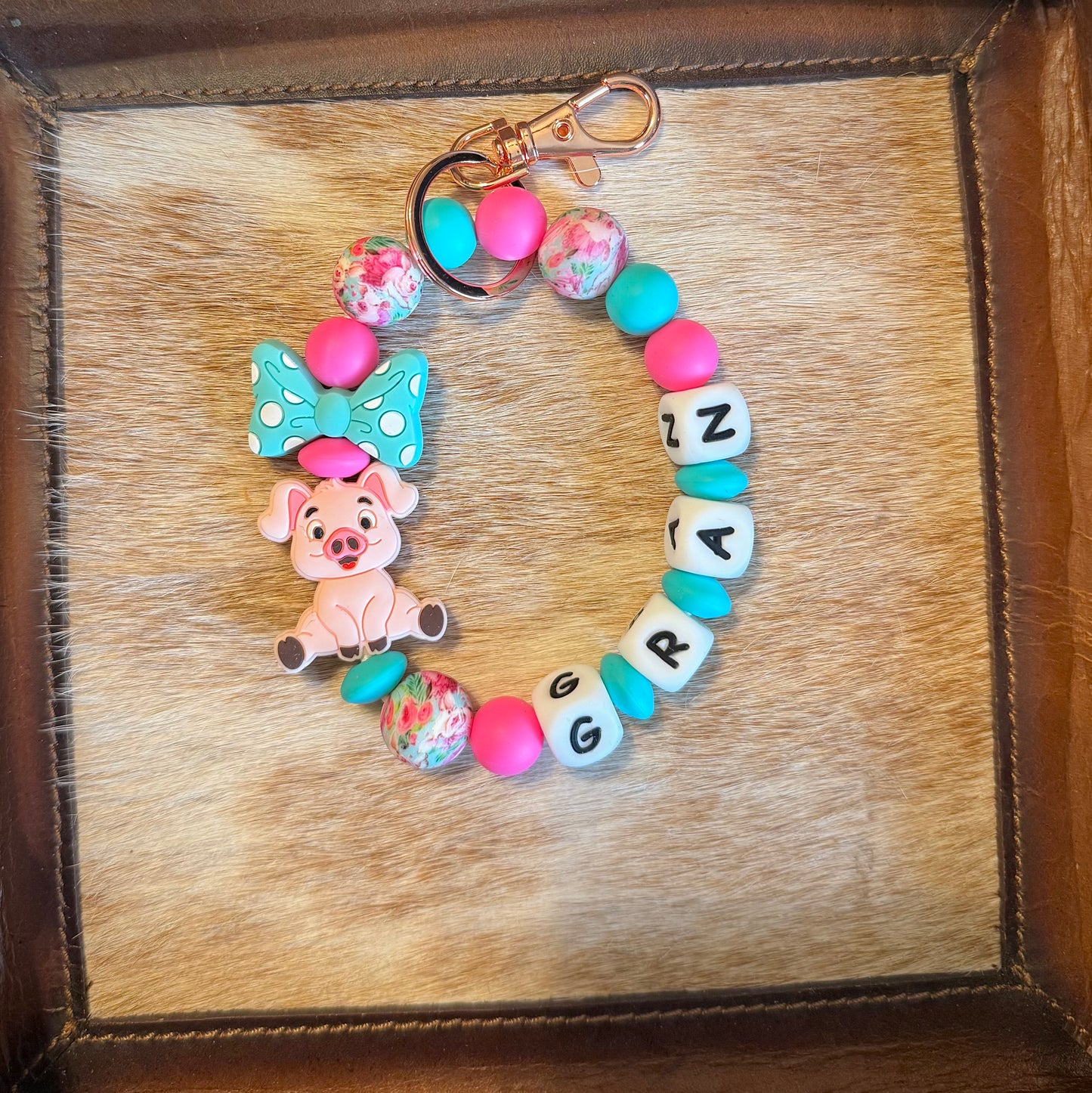 Pig Pink and Turquosie Bow Wristlet with Name