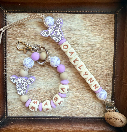 Mama & Me Custom Name Purple Floral Cow Teether Set