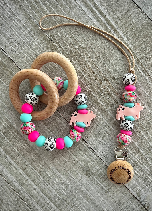 Pink Turquoise Aztec Flower Pig Teether Set
