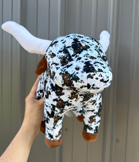 Medium Plushie Brown Cowhide Turquoise Splatter Long Horn
