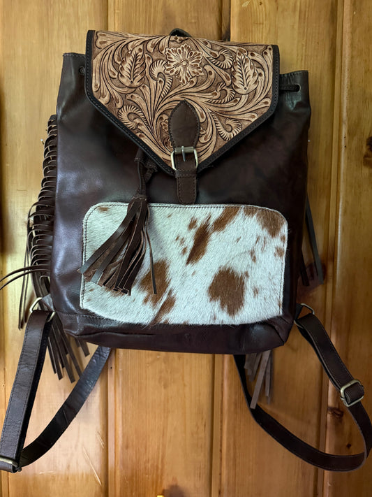 Genuine Tooled Leather Cowhide Backpack / Diaper Bag