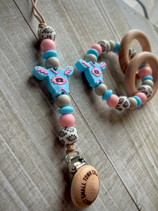 Baby Blue/ Pink Aztec Cow Teether Bundle