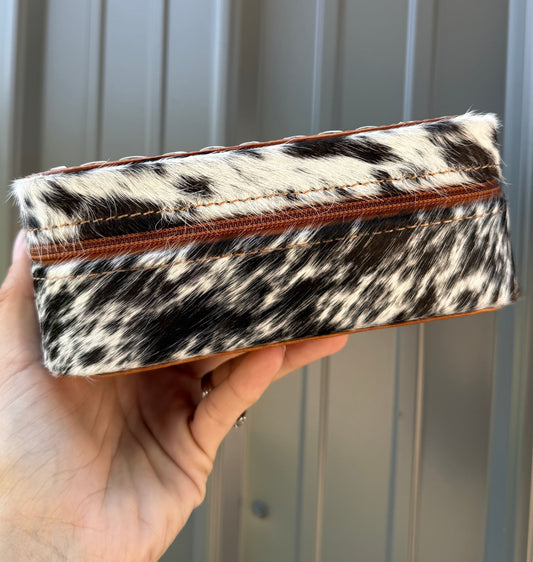 Tooled Floral Brown Speckled Cowhide Rectangle Jewelry Zipper Box