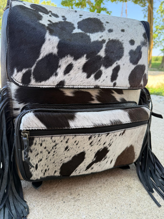 Black Leather Fringe Cowhide Backpack / Diaper Bag