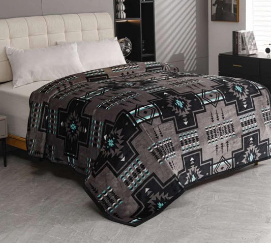 Dark Gray Turquoise Aztec King Size Super Plush Blanket