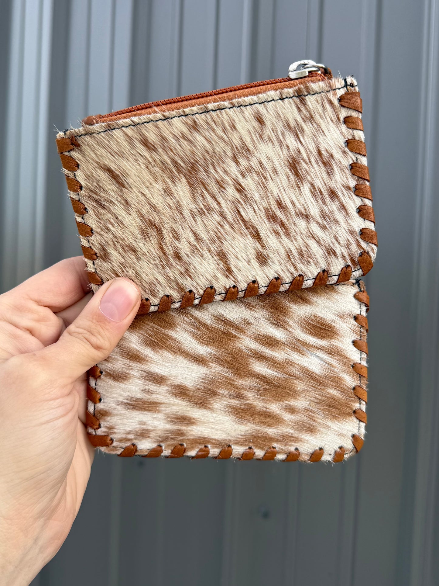 Turquoise Feather Cowhide Tooled Leather Zipper Pouch