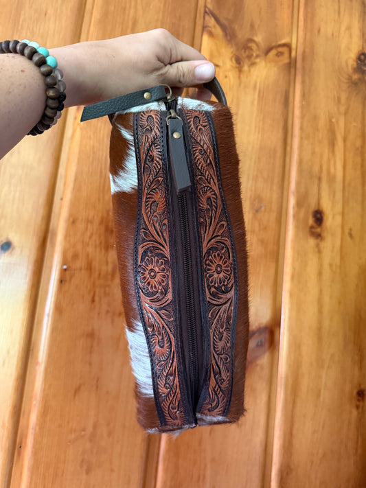 Dark Brown Tooled Leather Cowhide Toiletry Bag