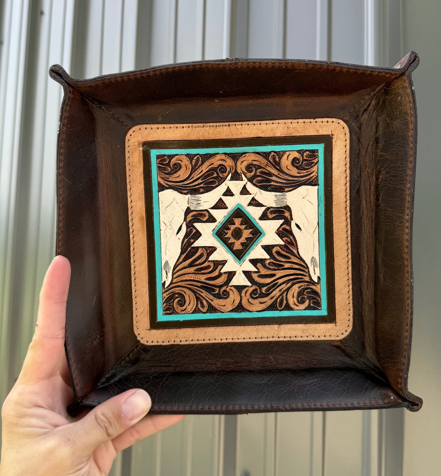 Cow Skull Aztec Turquoise Genuine Leather Tray