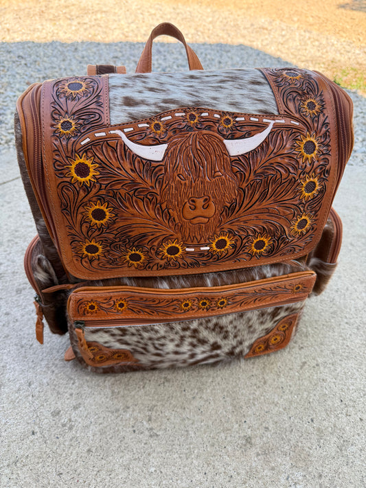 Sunflower Highland Cow Tooled Leather Brown Cowhide Backpack / Diaper Bag