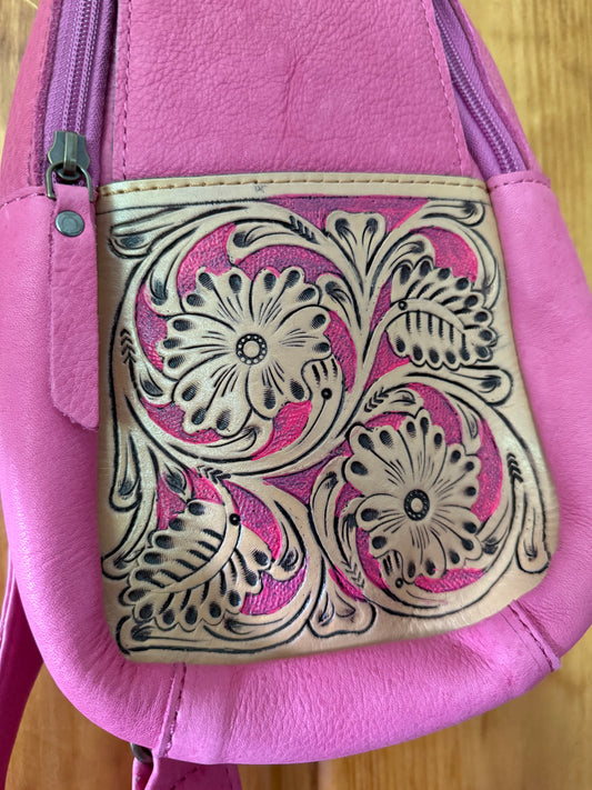 Pink Tooled Leather Sling Bag Purse