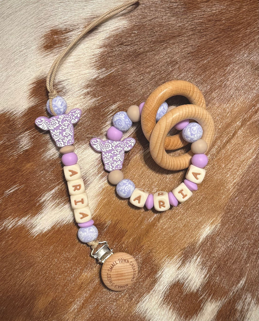 Purple Tooled Floral Cow Teether Set with Name