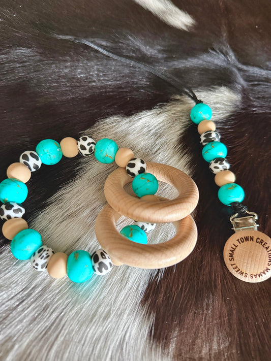 Turquoise Stone Cow Print Teether Set