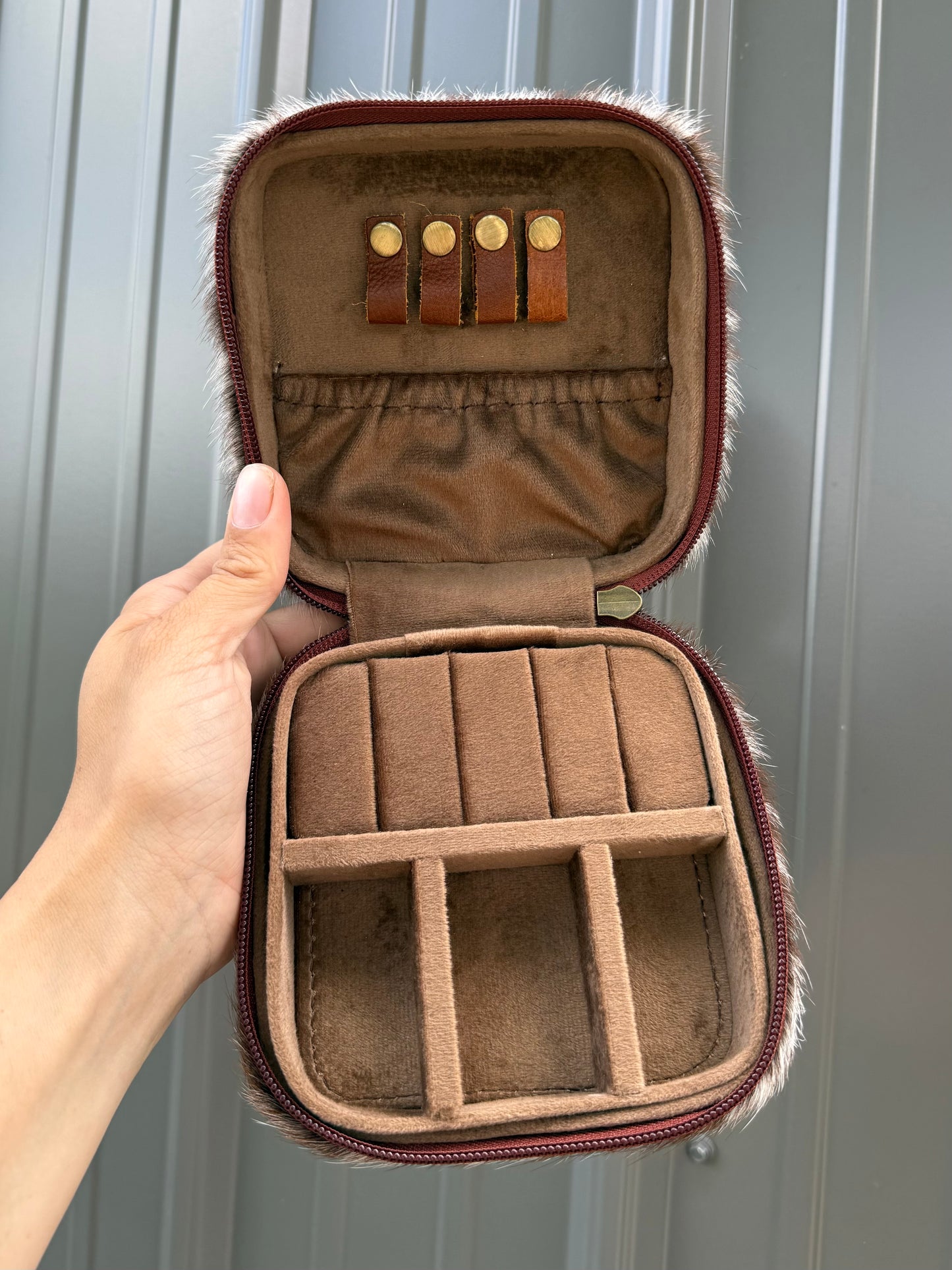 Dark Brown Speckled Cowhide Square Jewelry Zipper Box