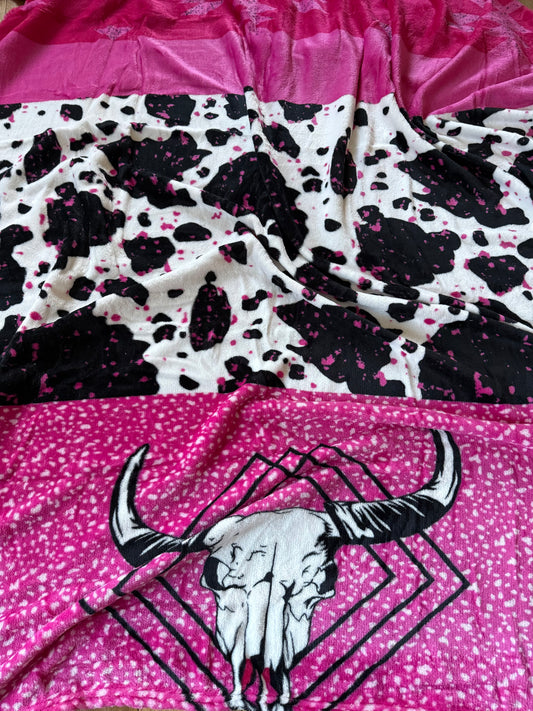 Pink Cow Skull Cowhide Thin Turquoise Concho Cowhide Blanket