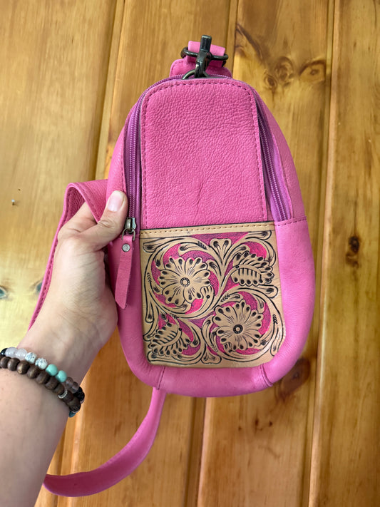 Pink Tooled Leather Sling Bag Purse