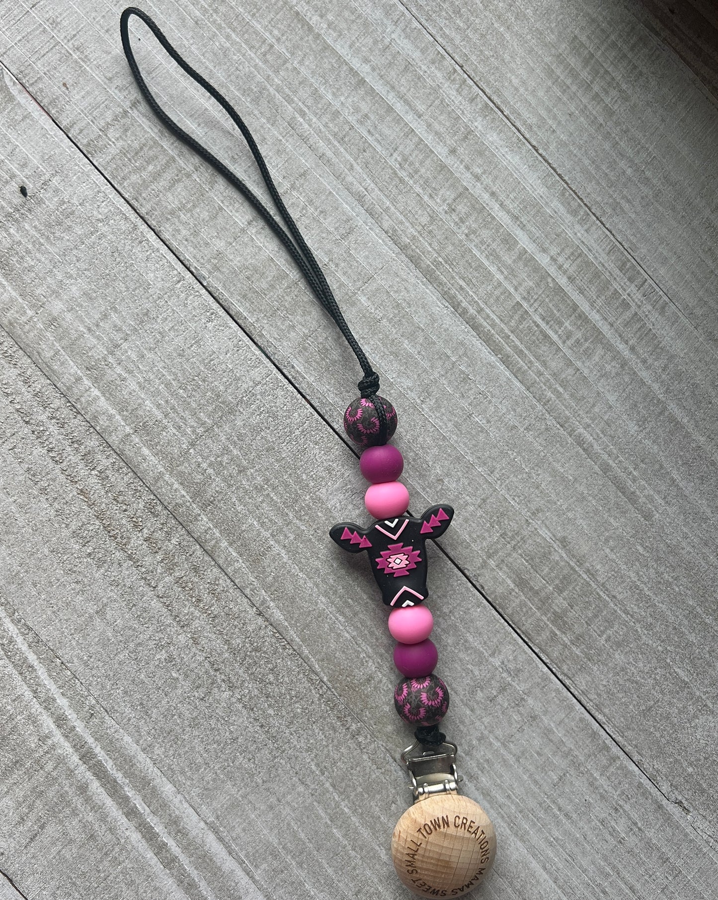 Pink Aztec Cow Pacifier Holder