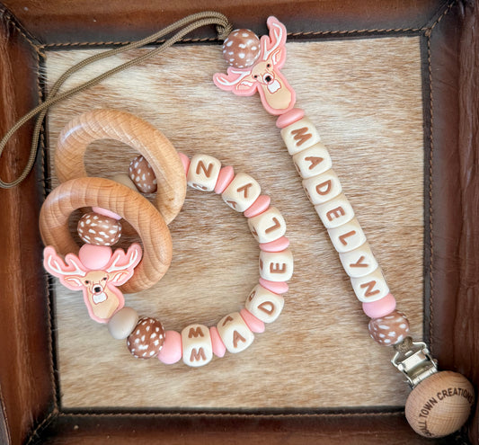 Custom Name Pink Deer Teether