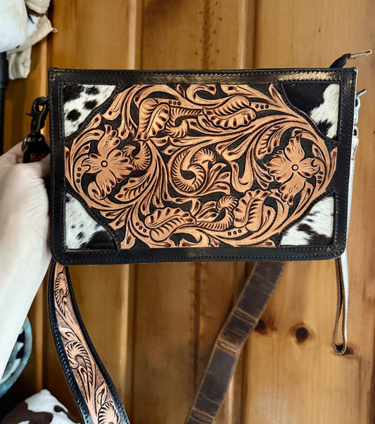 Genuine Cowhide Crossbody / Wristlet Tooled Leather Bag