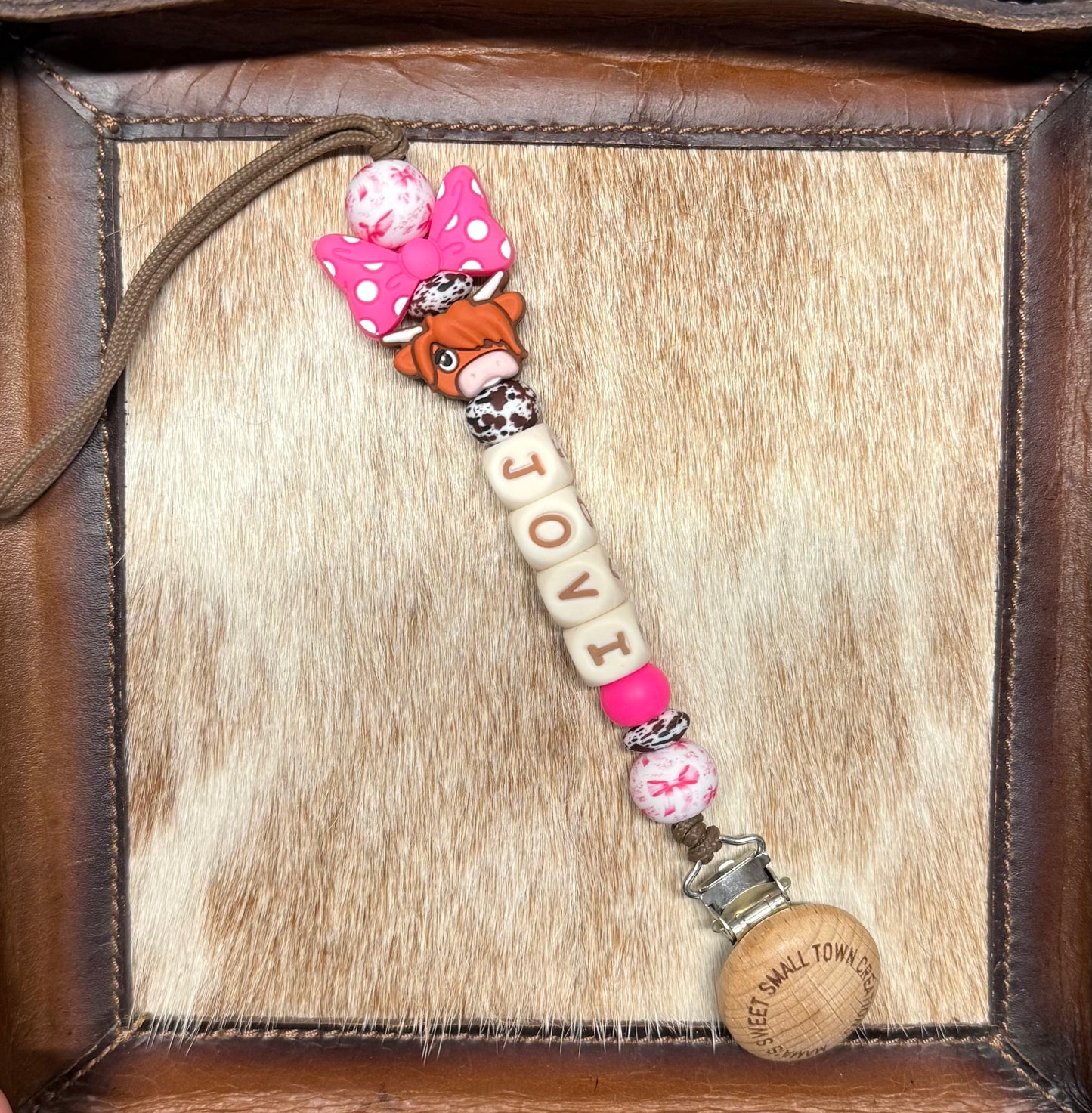 Hot Pink Bow Highland Cow Beige Letters Pacifier Holder