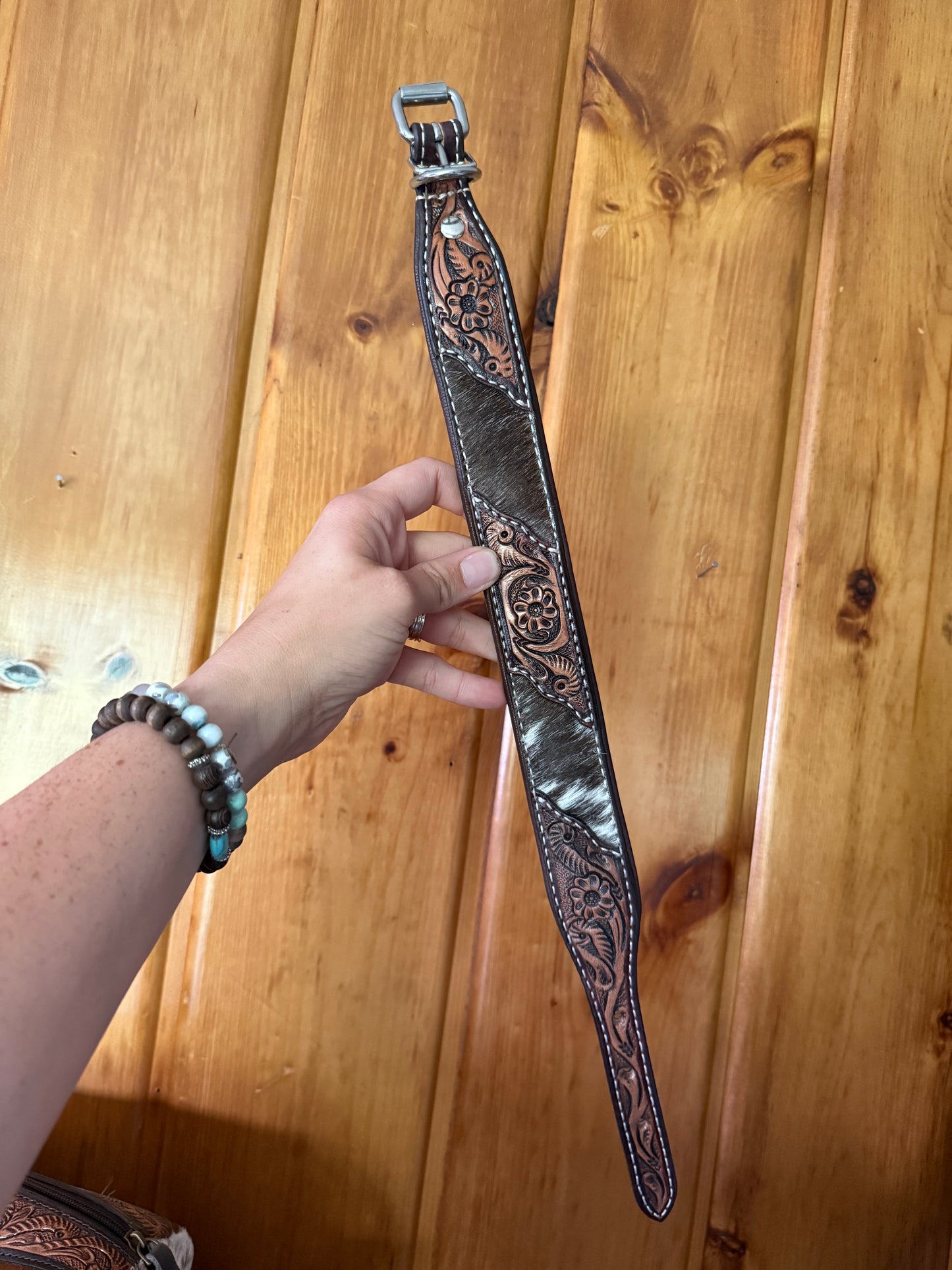 Genuine Tooled Leather & Cowhide Dog Collar