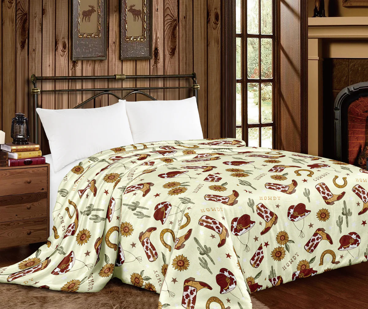 PREORDER Cow Print hat Boots Howdy Sunflower Super Plush King Blanket
