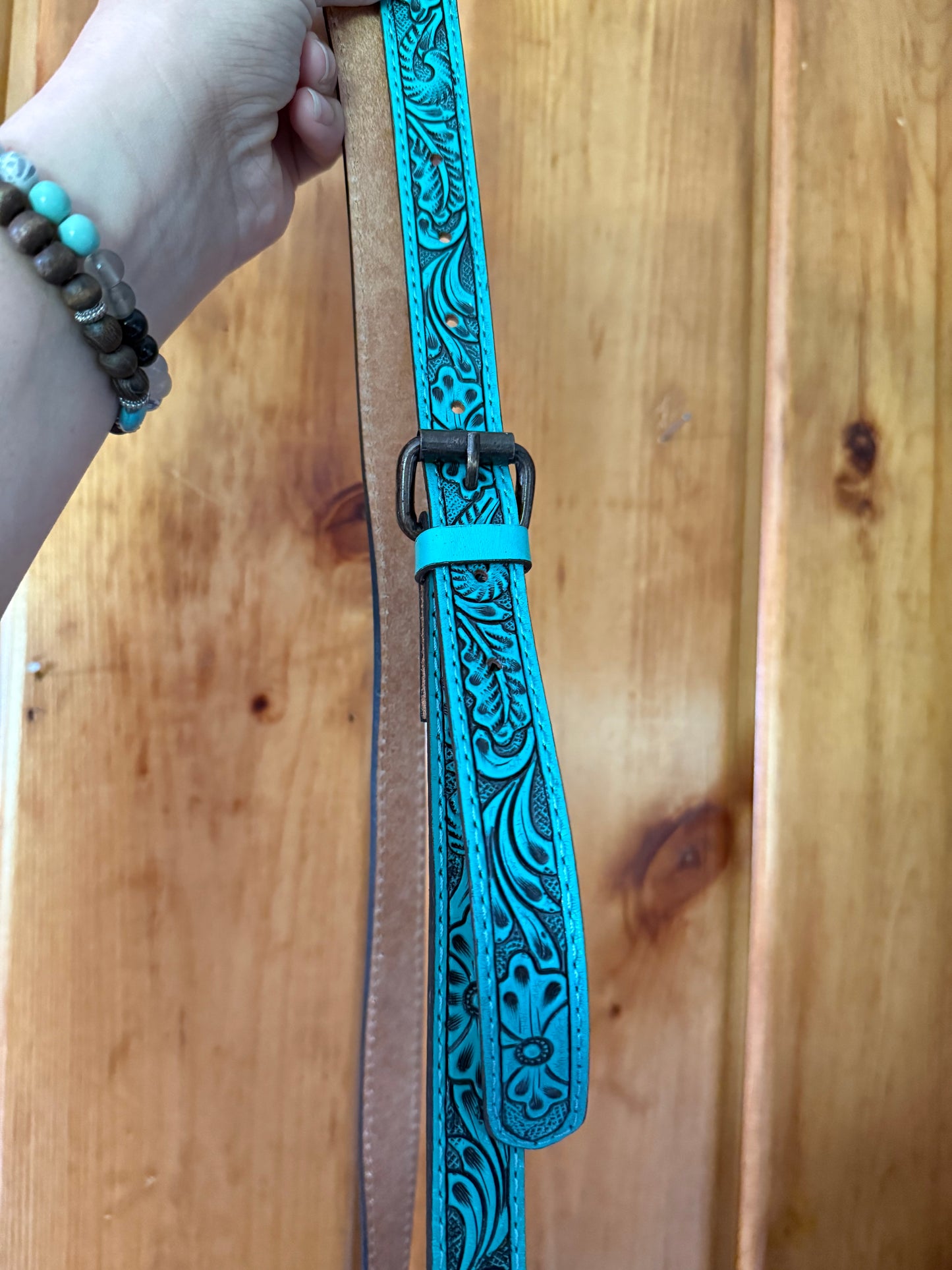 Turquoise Tooled Leather and Cowhide Canteen Crossbody Purse