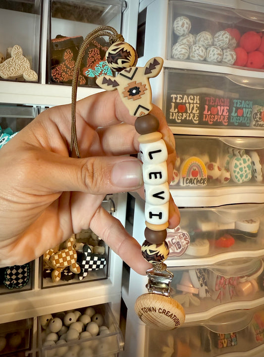 Brown Aztec Cow Custom Name Pacifier Holder