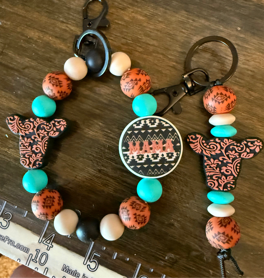 Rust/Turquoise Aztec Cow Mama Keychain Set