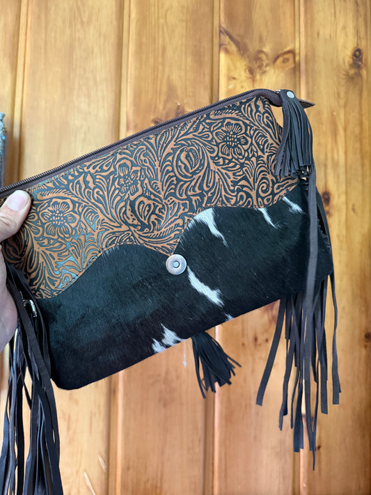 Large Cowhide and Tooled Leather Wristlet