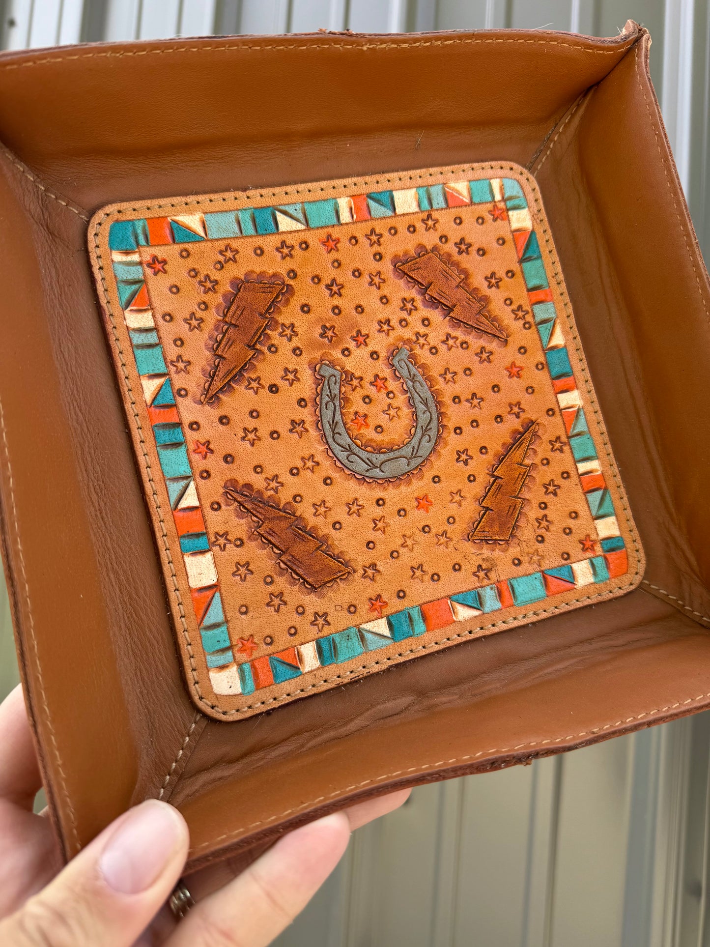 Horse Shoe Lightening Bolt Turquoise Orange Genuine Leather Tray
