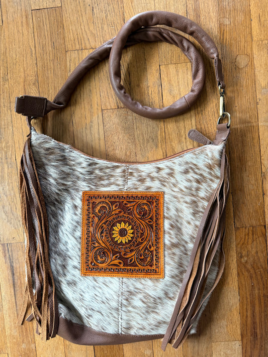 Cowhide Tooled Leather Crossbody Fringe Purse