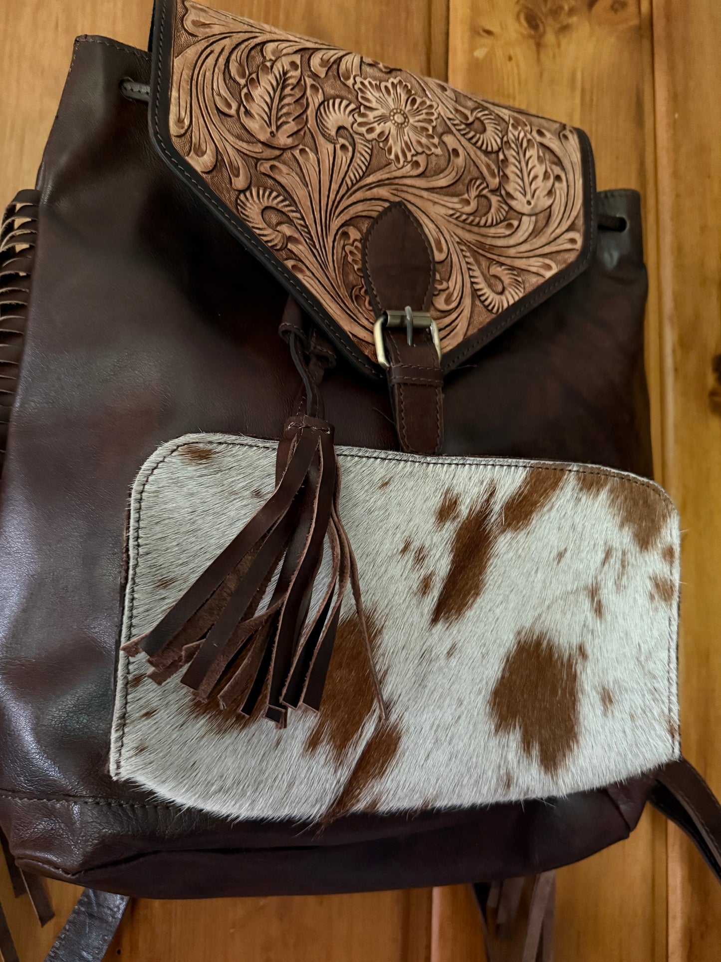 Genuine Tooled Leathr Cowhide Backpack / Diaper Bag