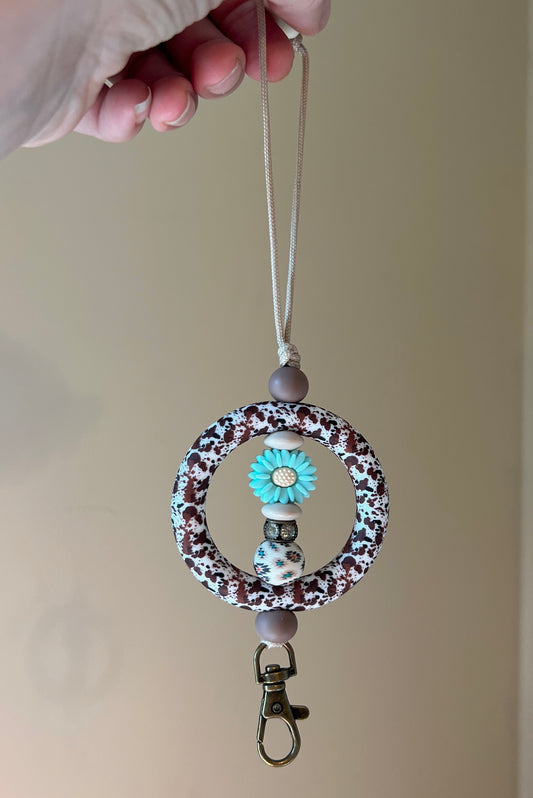 Turquoise Flower Brown Cow Aztec Cow Dangle