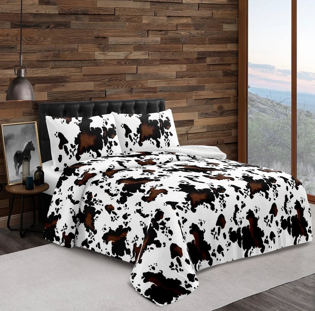 Brown Cowhide Sherpa Bedding Set
