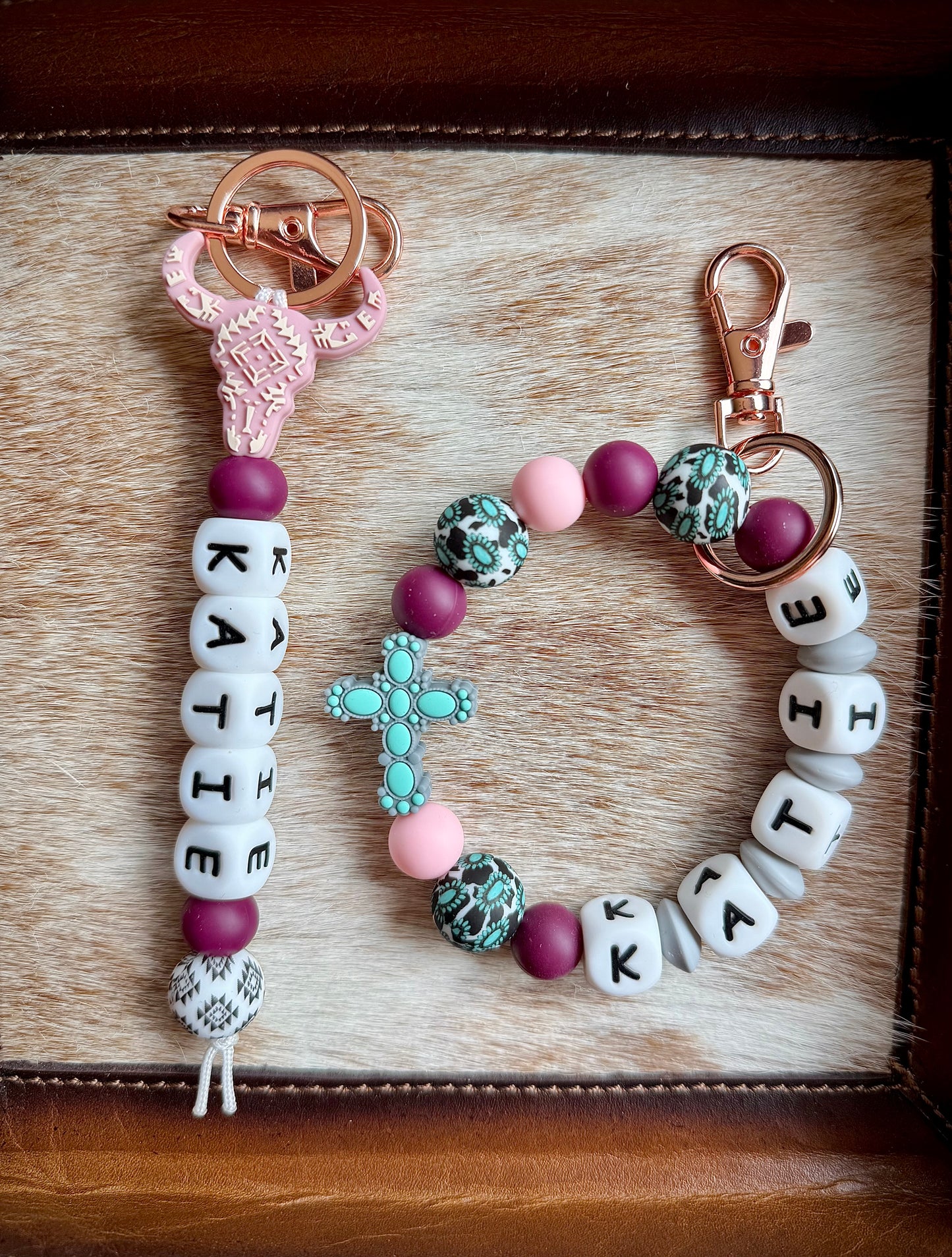 Rose Gold Cow Skull Aztec Turquoise Cross Keychain W/Name Set