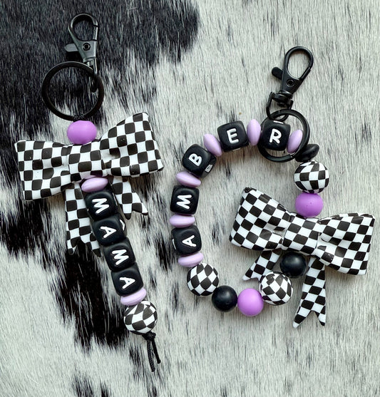 Mama Bow Purple Checkered Keychian Set