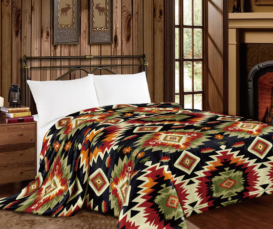 Olive Orange Red Aztec Super Plush King Blanket
